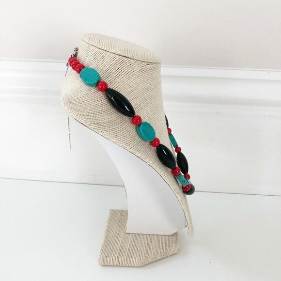 NWT Genuine Red Turquoise, Turquoise, Black Onyx Beaded Necklace Blue Black Red - Picture 5 of 5